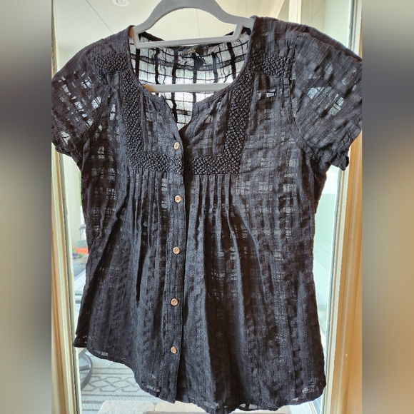 Prana Lucie Cotton Short Sleeve Button Up Embroidered Panel Top - Size Small - Picture 2 of 9
